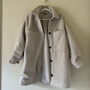 Fleece long coat. Black button down. Runs large